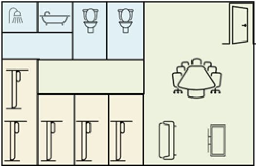 ユニットの全体図。右側はリビングルーム、左側は個室が3つと2人部屋が1つ、トイレが2つとお風呂とシャワー。